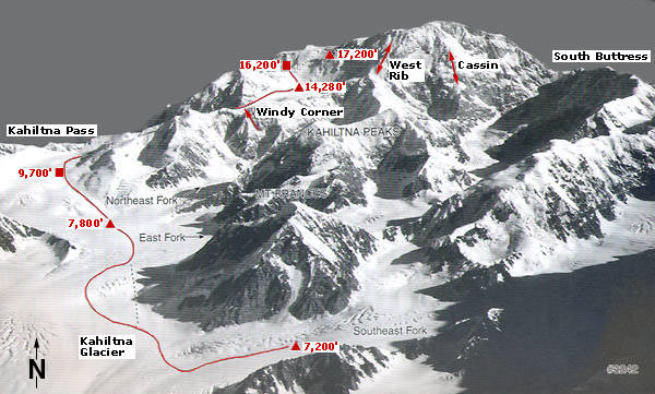 Mc Kinley: mapa rutas ascensión. Alpineascents.com